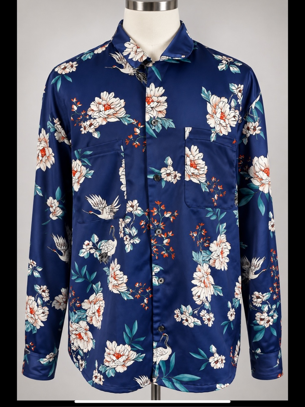 Urban Outfitters Men’s M Floral Crane Satin-Look Shirt Side Slit Hem